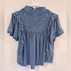 Free People Boho Chambray Short Ruffle Sleeve Top Small